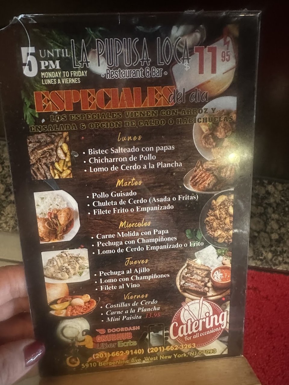 Menu page with drinks and Salvadoran dishes.